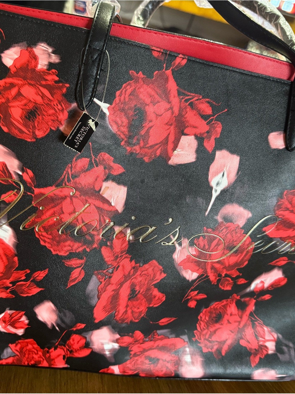 Victoria's Secret Black Tote with Red Floral Print